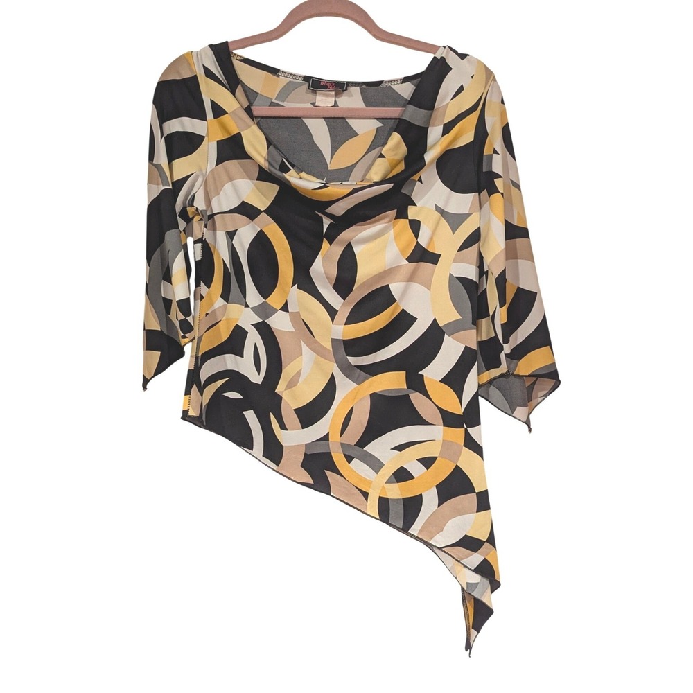 What's Hot Asymmetrical Tunic Top Large Yellow Black Geometric Cowl Neck Y2K Mod